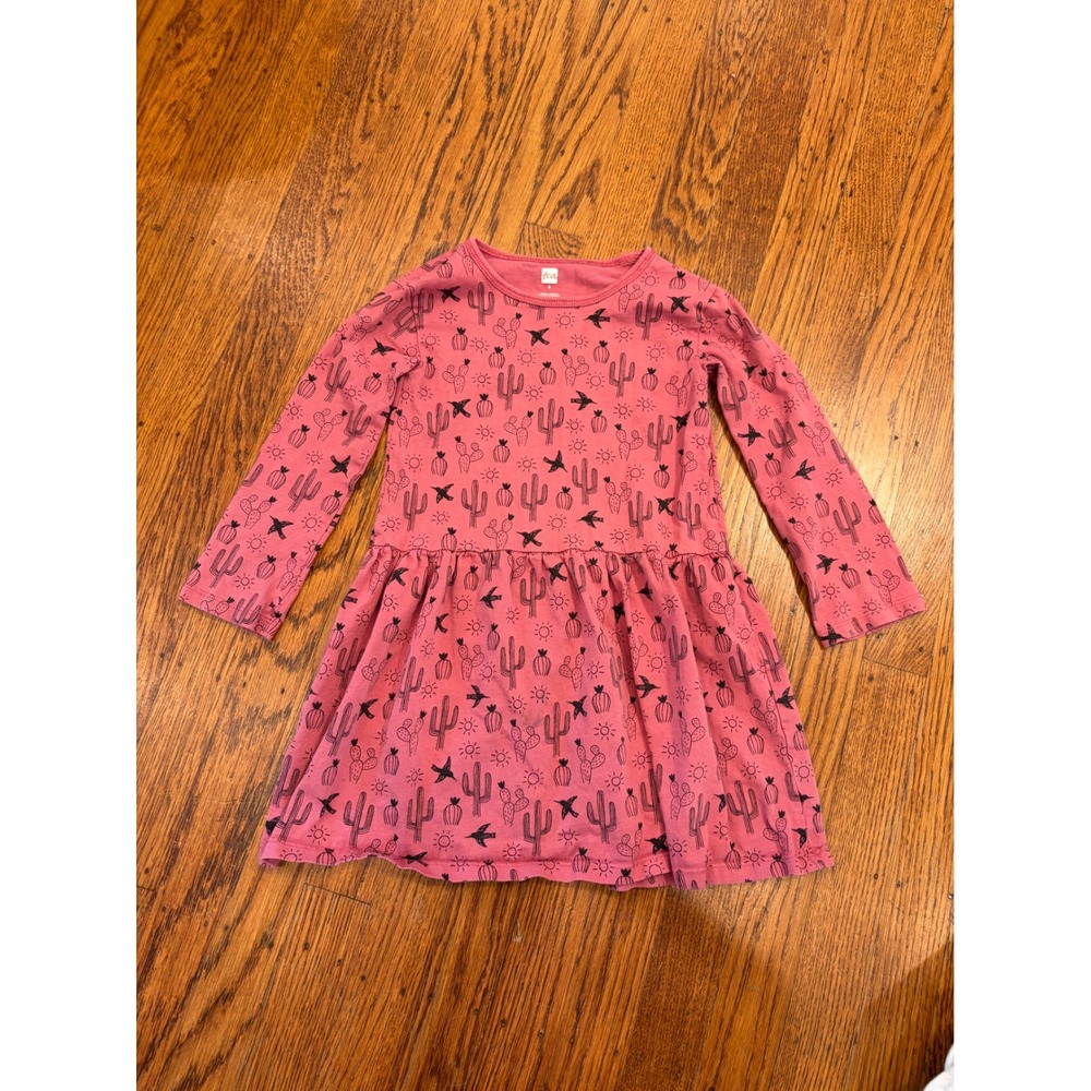 Tea Collection Girls Pink Cactus Bird Print Long Sleeve Cotton Dress Size 5